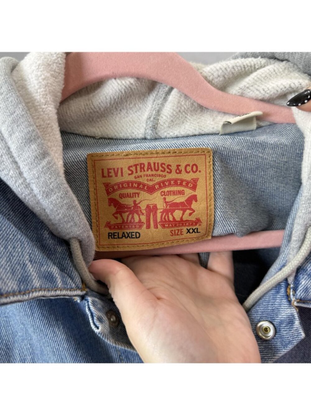 Levi's Jacket Mens 2XL Blue Denim Hooded Varsity Gray Sleeves Lined Fleece - Picture 2 of 12